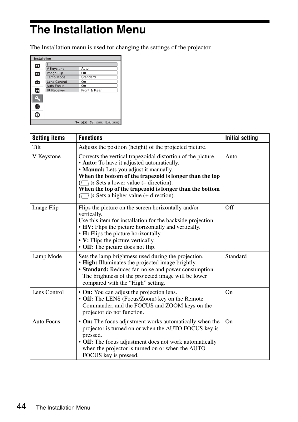 The installation menu | Sony Data Projector VPL-MX20 User Manual | Page 44 / 68