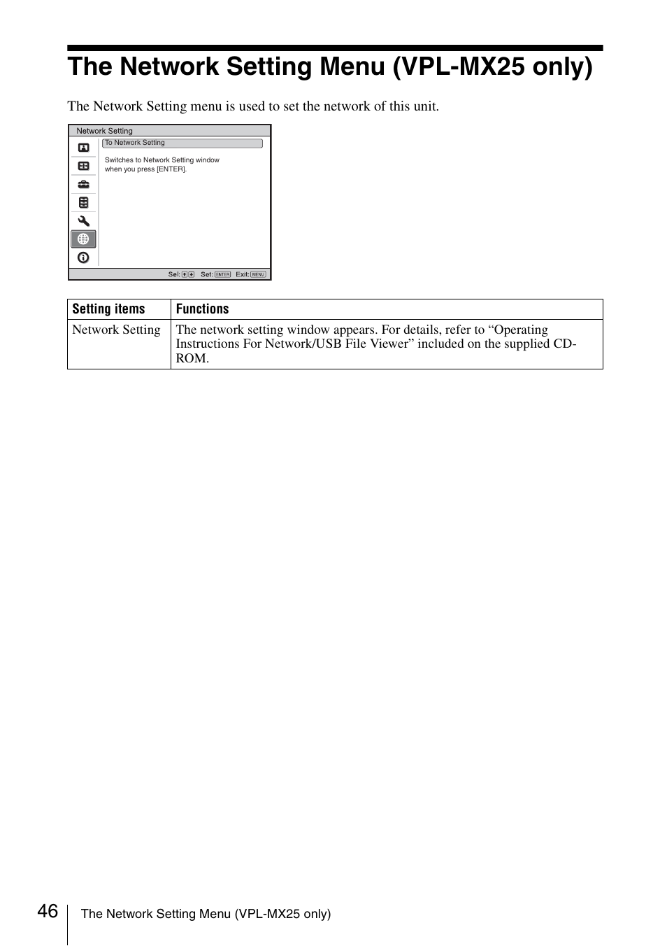 The network setting menu (vpl-mx25 only), The network setting menu (vpl, Mx25 only) | Sony Data Projector VPL-MX20 User Manual | Page 46 / 68