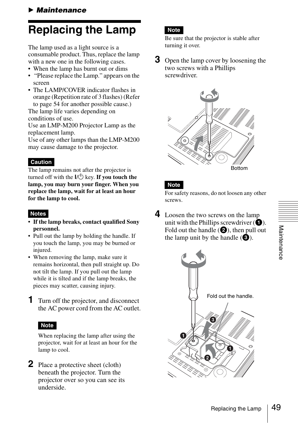 Maintenance, Replacing the lamp | Sony Data Projector VPL-MX20 User Manual | Page 49 / 68