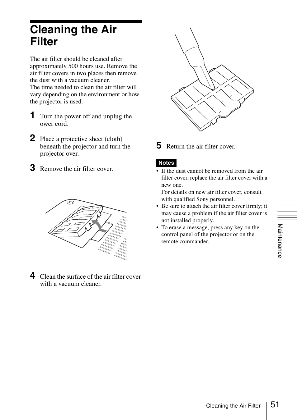 Cleaning the air filter | Sony Data Projector VPL-MX20 User Manual | Page 51 / 68