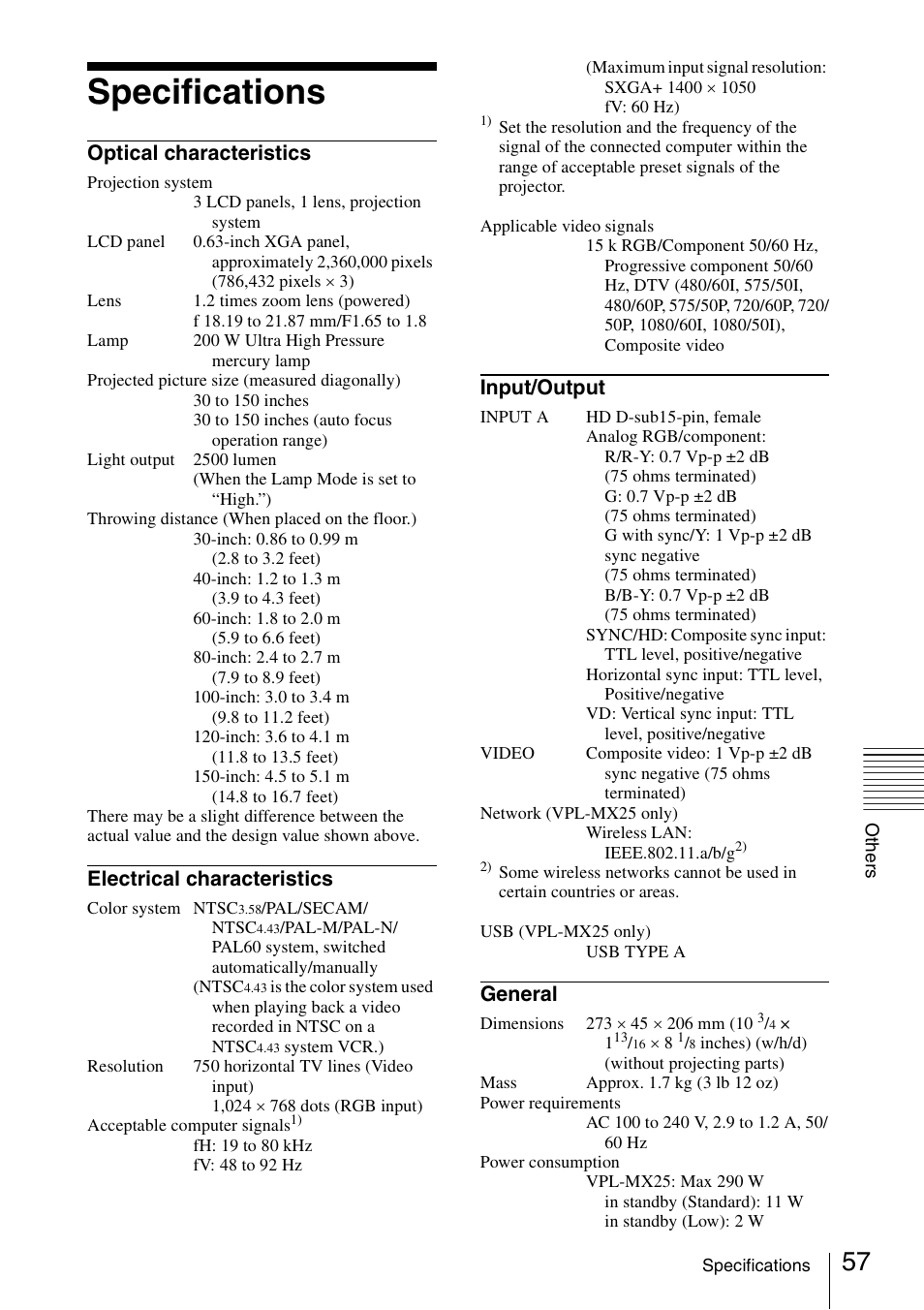 Specifications, Optical characteristics, Electrical characteristics | Input/output, General | Sony Data Projector VPL-MX20 User Manual | Page 57 / 68