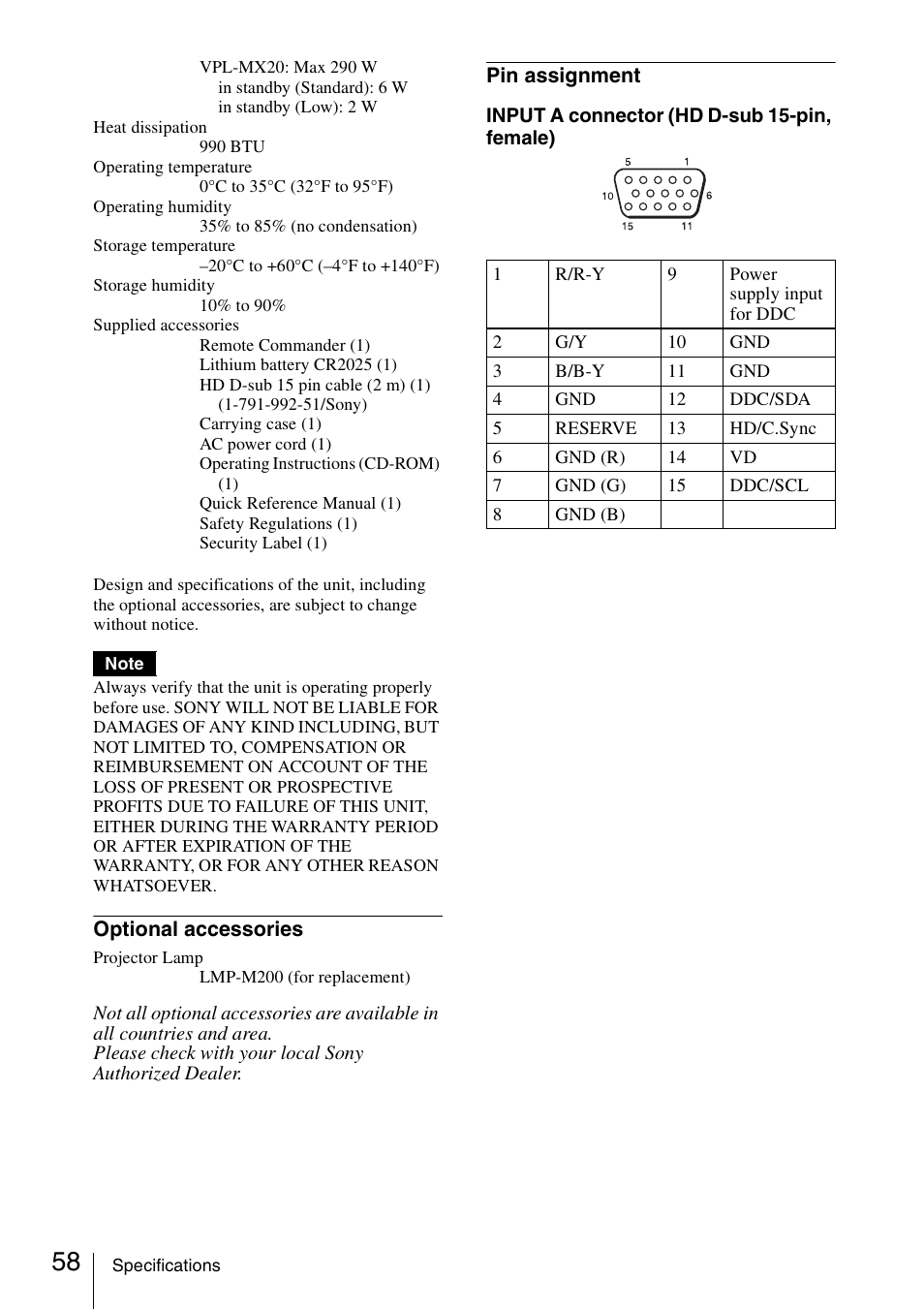 Sony Data Projector VPL-MX20 User Manual | Page 58 / 68