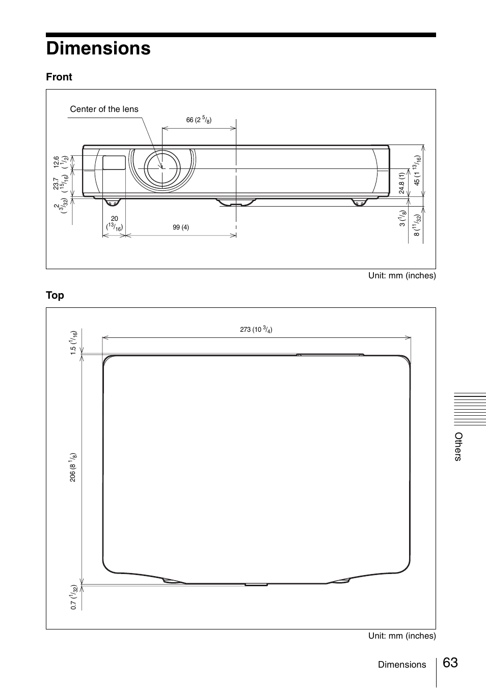 Dimensions, Front, Oth e rs | Sony Data Projector VPL-MX20 User Manual | Page 63 / 68