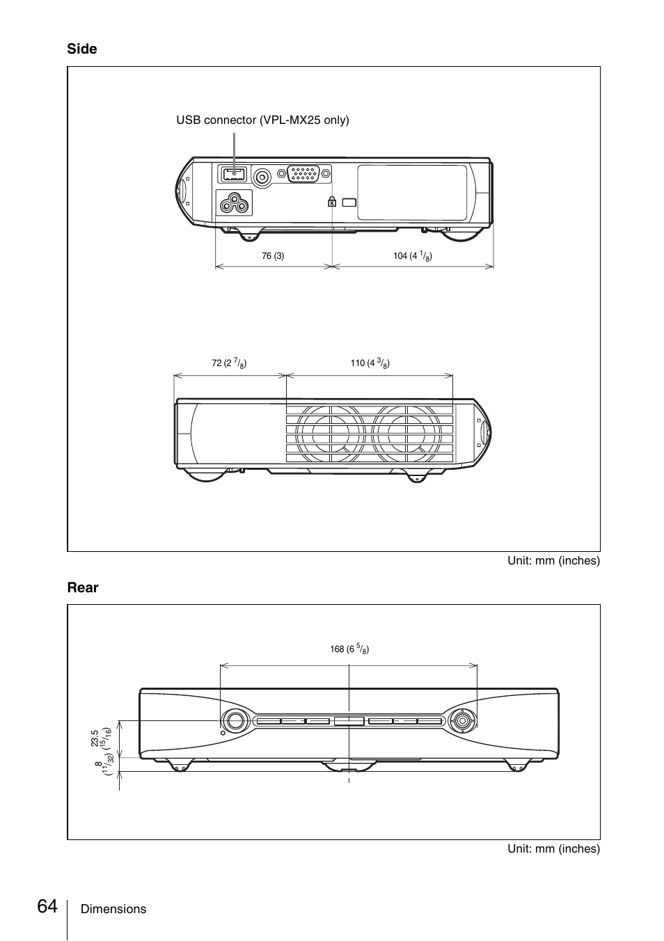 Side, Rear, Dimensions | Sony Data Projector VPL-MX20 User Manual | Page 64 / 68