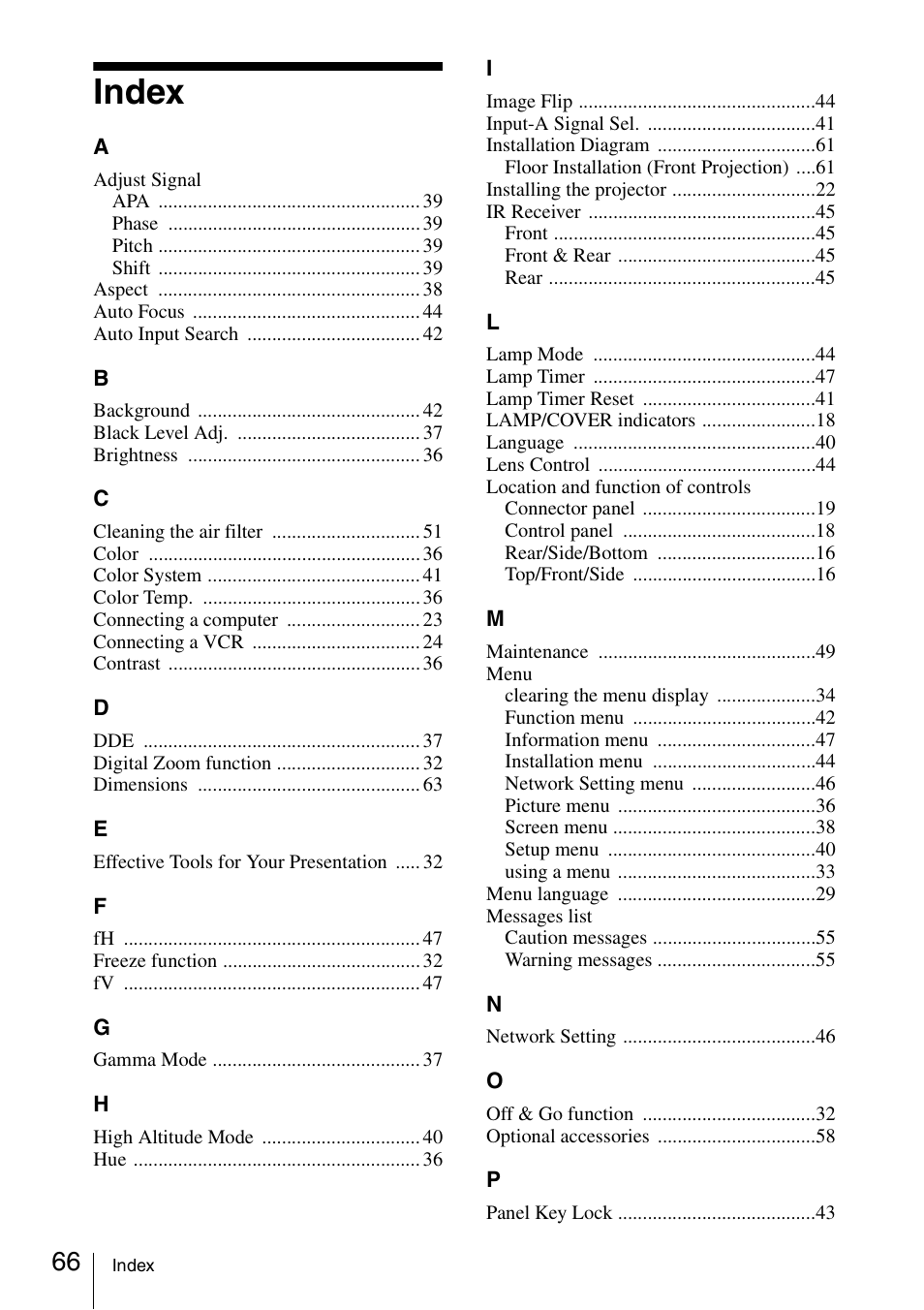 Index | Sony Data Projector VPL-MX20 User Manual | Page 66 / 68