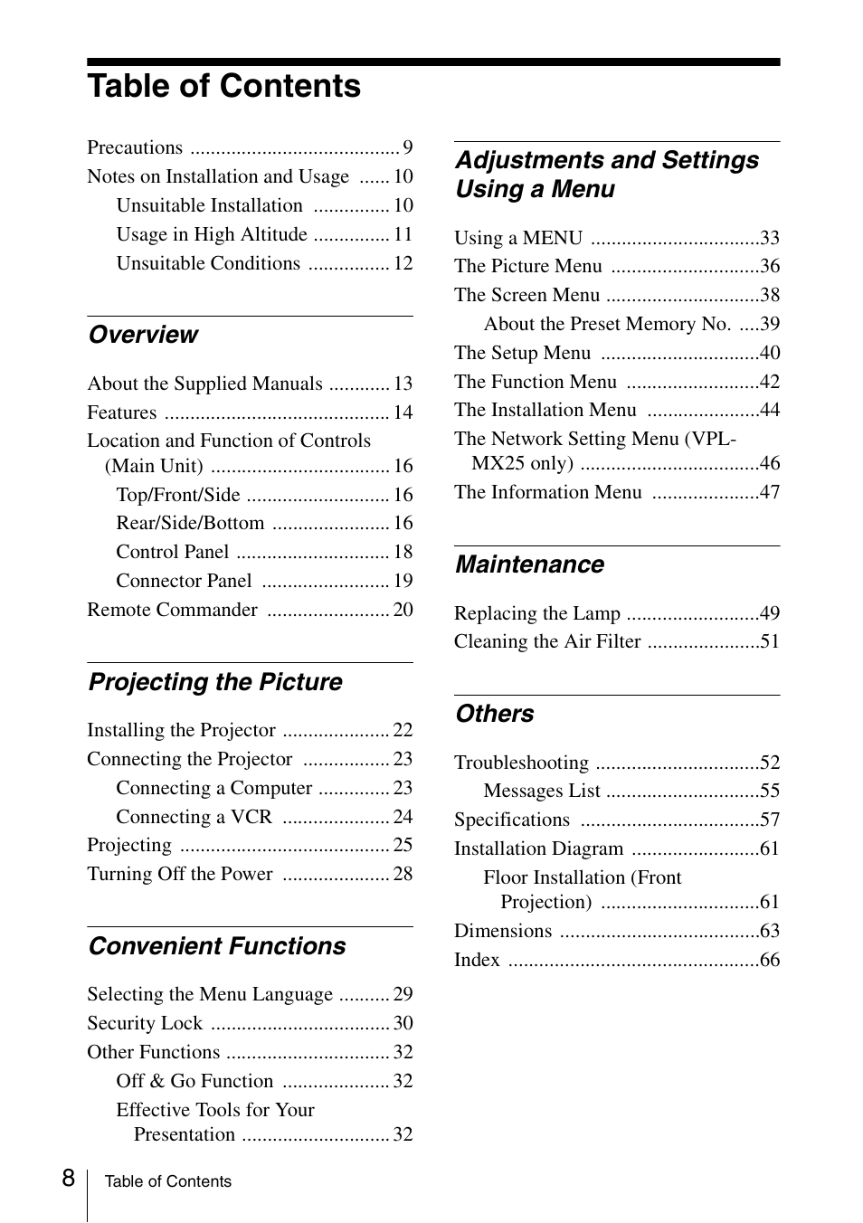 Sony Data Projector VPL-MX20 User Manual | Page 8 / 68