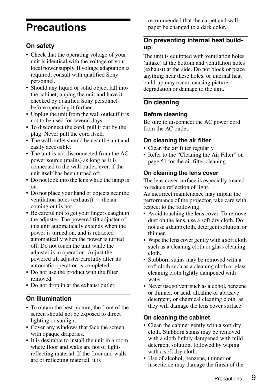 Precautions | Sony Data Projector VPL-MX20 User Manual | Page 9 / 68