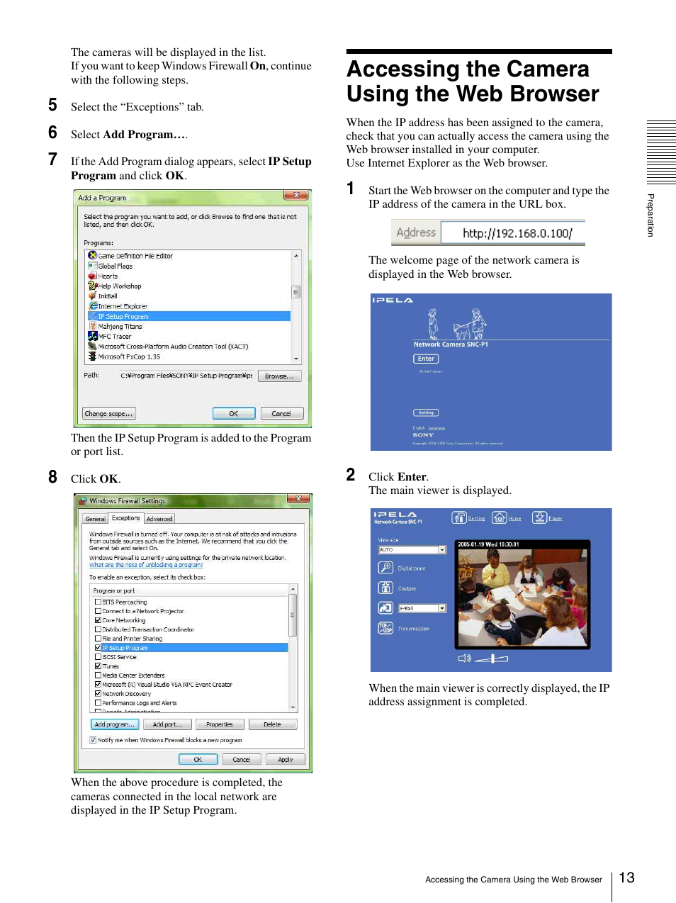 Accessing the camera using the web browser, Accessing the camera using the web browser 13 | Sony IPELA SNC-P1 User Manual | Page 13 / 80