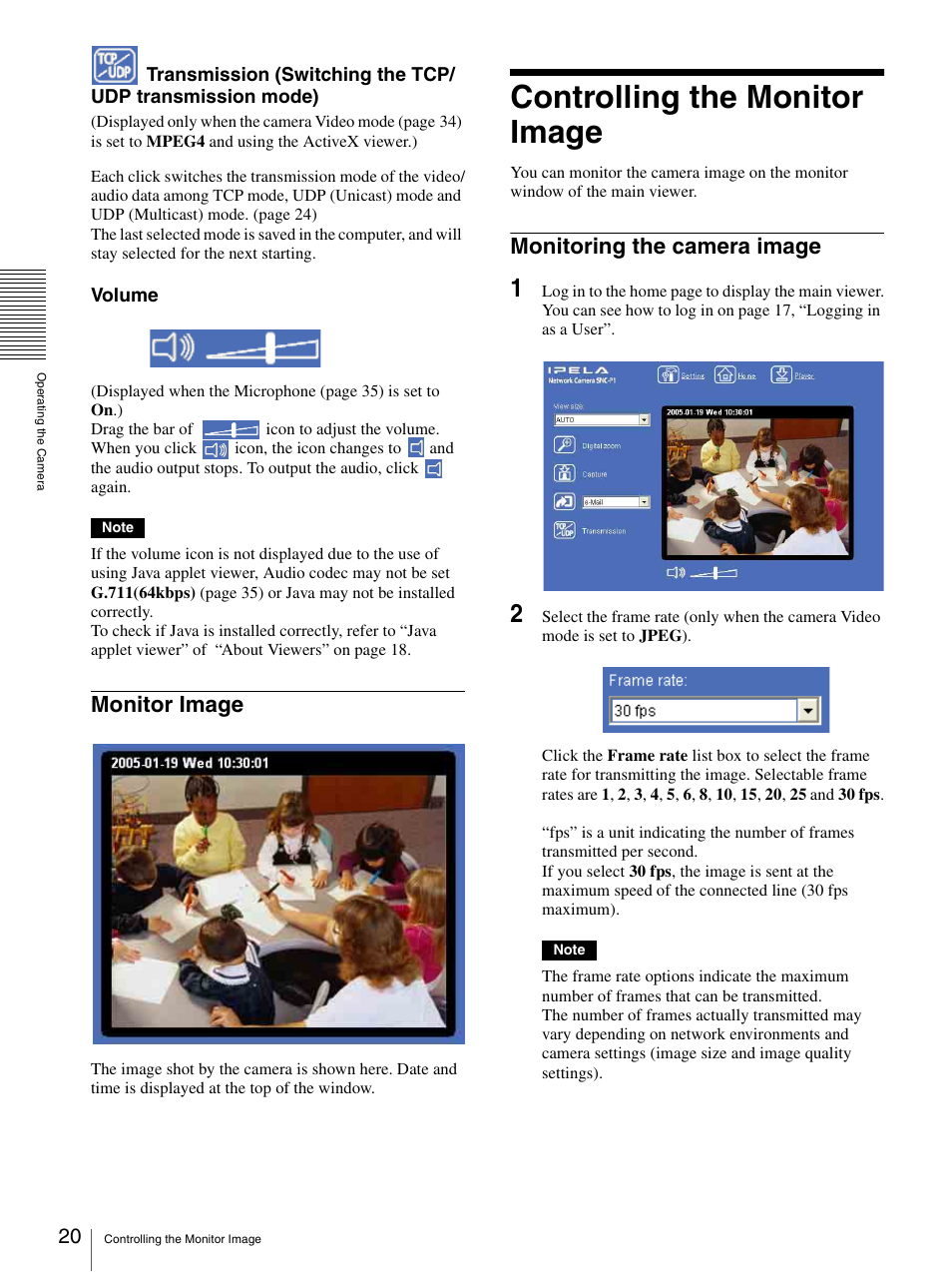 Monitor image, Controlling the monitor image, Monitoring the camera image | Sony IPELA SNC-P1 User Manual | Page 20 / 80