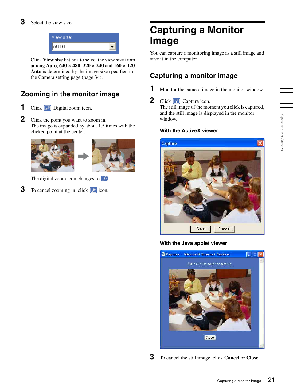 Zooming in the monitor image, Capturing a monitor image | Sony IPELA SNC-P1 User Manual | Page 21 / 80