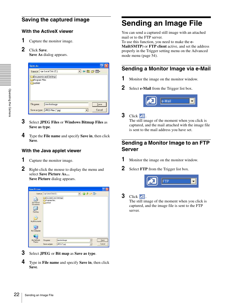 Saving the captured image, Sending an image file, Sending a monitor image via e-mail | Sending a monitor image to an ftp server | Sony IPELA SNC-P1 User Manual | Page 22 / 80