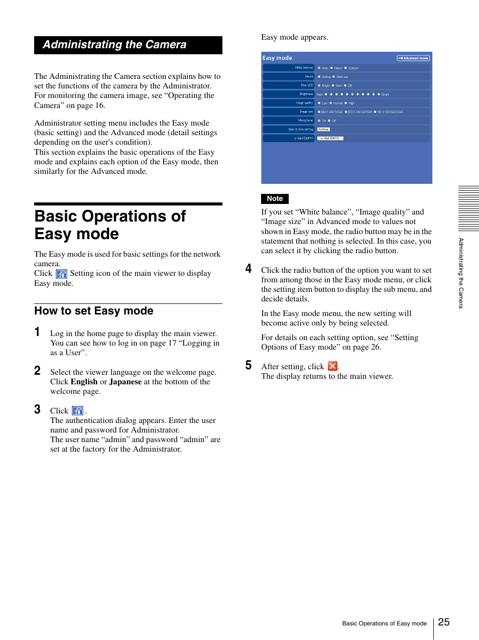 Administrating the camera, Basic operations of easy mode, How to set easy mode | Sony IPELA SNC-P1 User Manual | Page 25 / 80