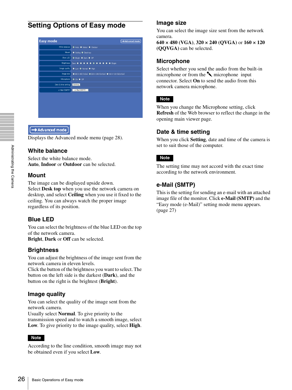 Setting options of easy mode, White balance, Mount | Blue led, Brightness, Image quality, Image size, Microphone, Date & time setting, E-mail (smtp) | Sony IPELA SNC-P1 User Manual | Page 26 / 80