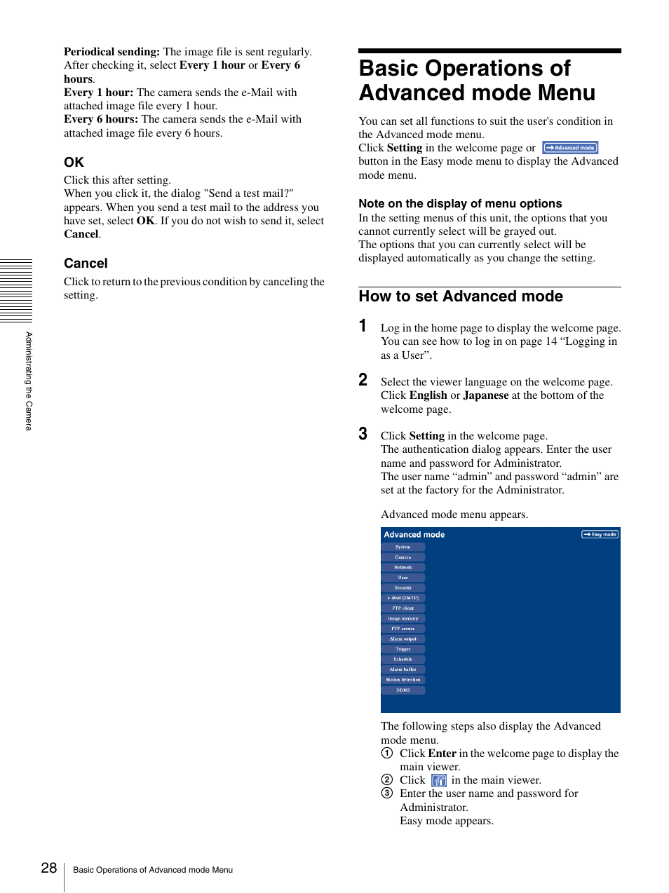Basic operations of advanced mode menu, How to set advanced mode | Sony IPELA SNC-P1 User Manual | Page 28 / 80