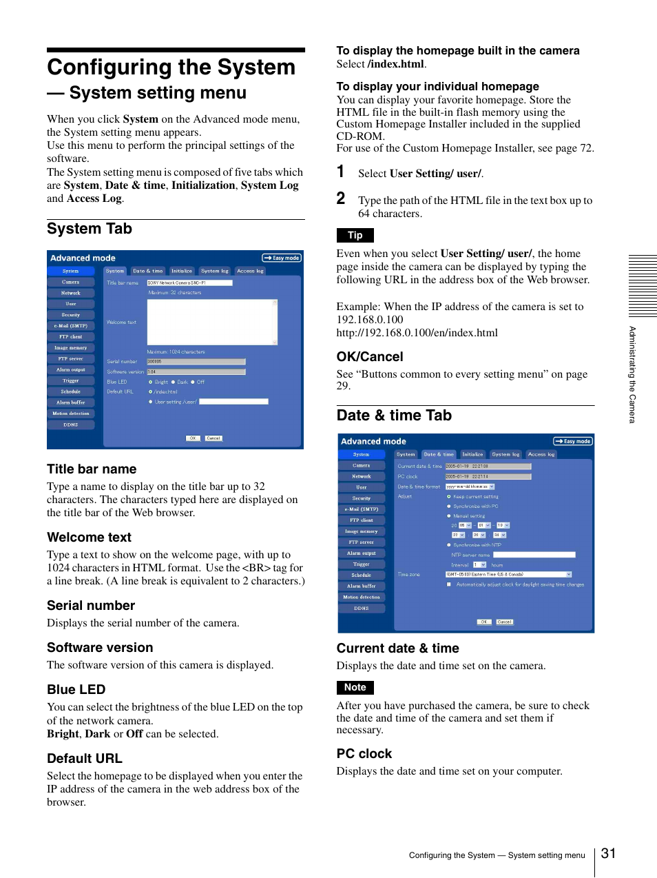 Configuring the system - system setting menu, System tab, Date & time tab | Configuring the system — system setting menu, System tab date & time tab, Configuring the system, System setting menu | Sony IPELA SNC-P1 User Manual | Page 31 / 80