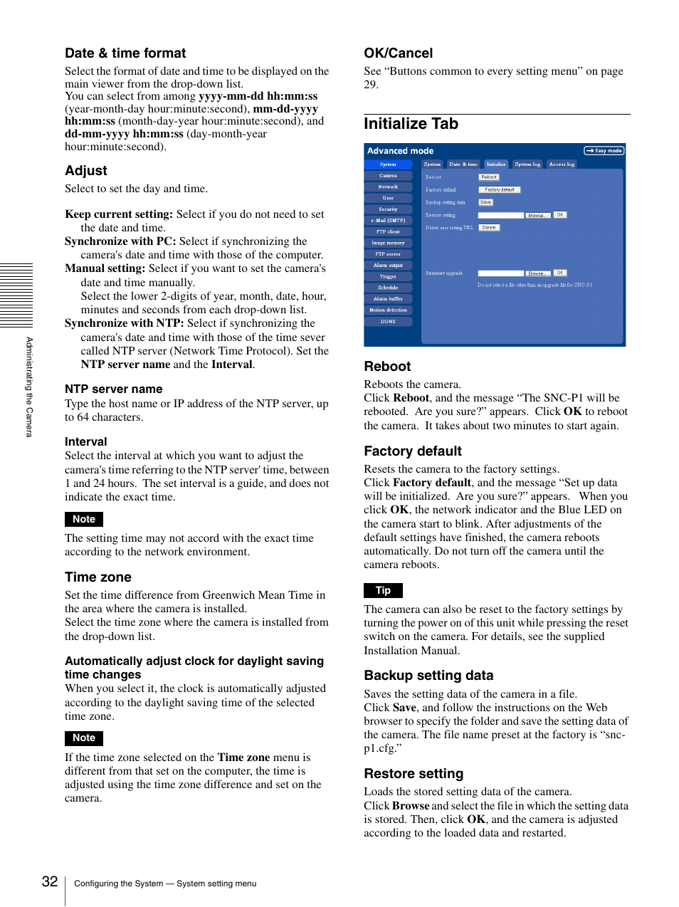 Initialize tab, Date & time format, Adjust | Time zone, Ok/cancel, Reboot, Factory default, Backup setting data, Restore setting | Sony IPELA SNC-P1 User Manual | Page 32 / 80