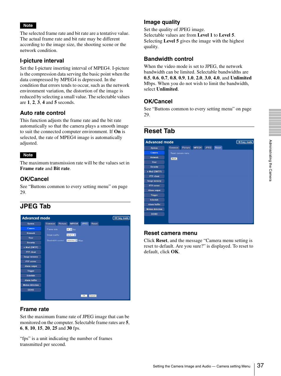 Jpeg tab, Reset tab, Jpeg tab reset tab | Sony IPELA SNC-P1 User Manual | Page 37 / 80