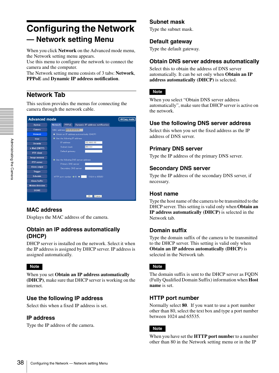 Configuring the network - network setting menu, Network tab, Configuring the network — network setting menu | Configuring the network, Network setting menu | Sony IPELA SNC-P1 User Manual | Page 38 / 80