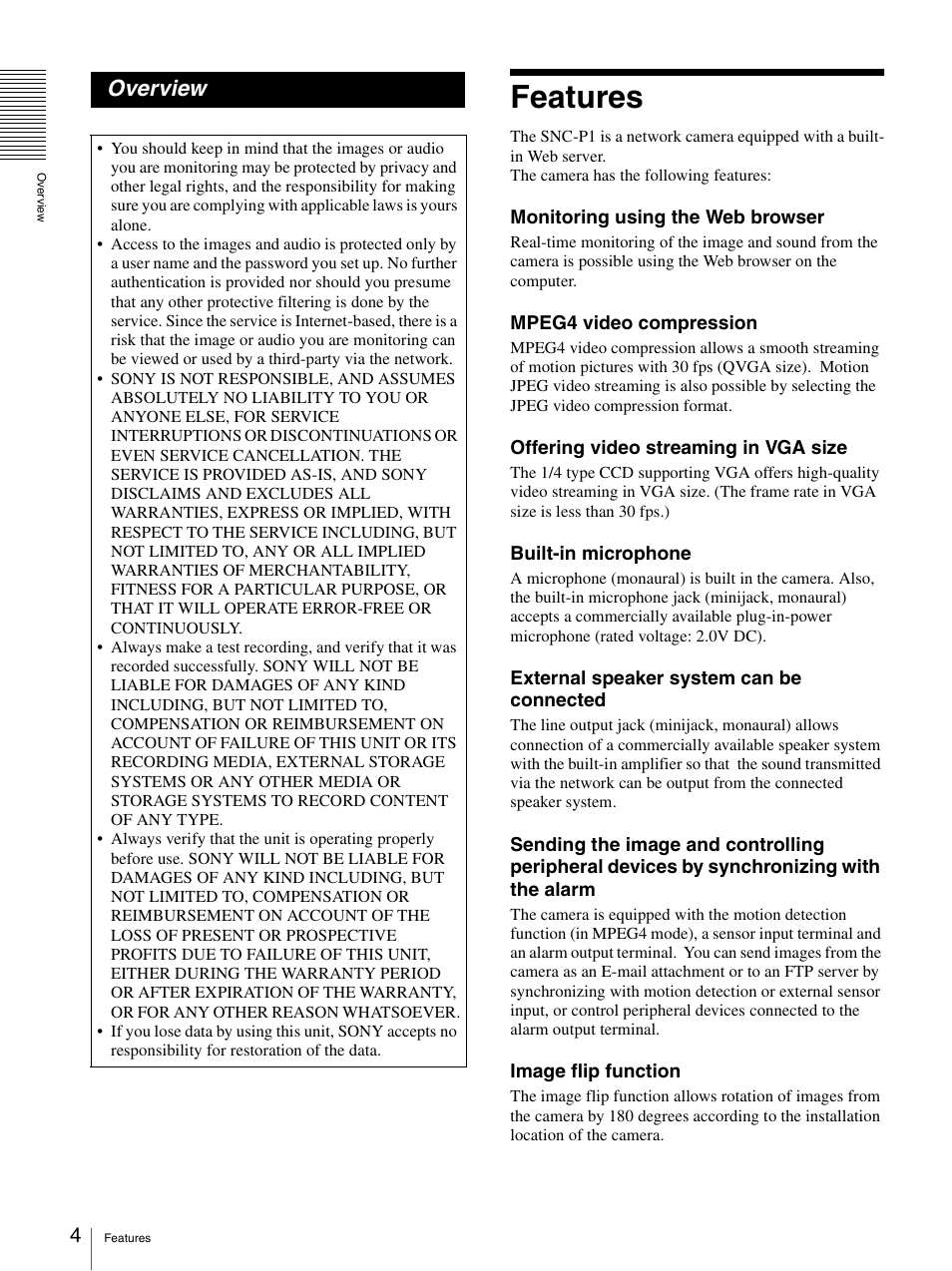 Overview, Features | Sony IPELA SNC-P1 User Manual | Page 4 / 80