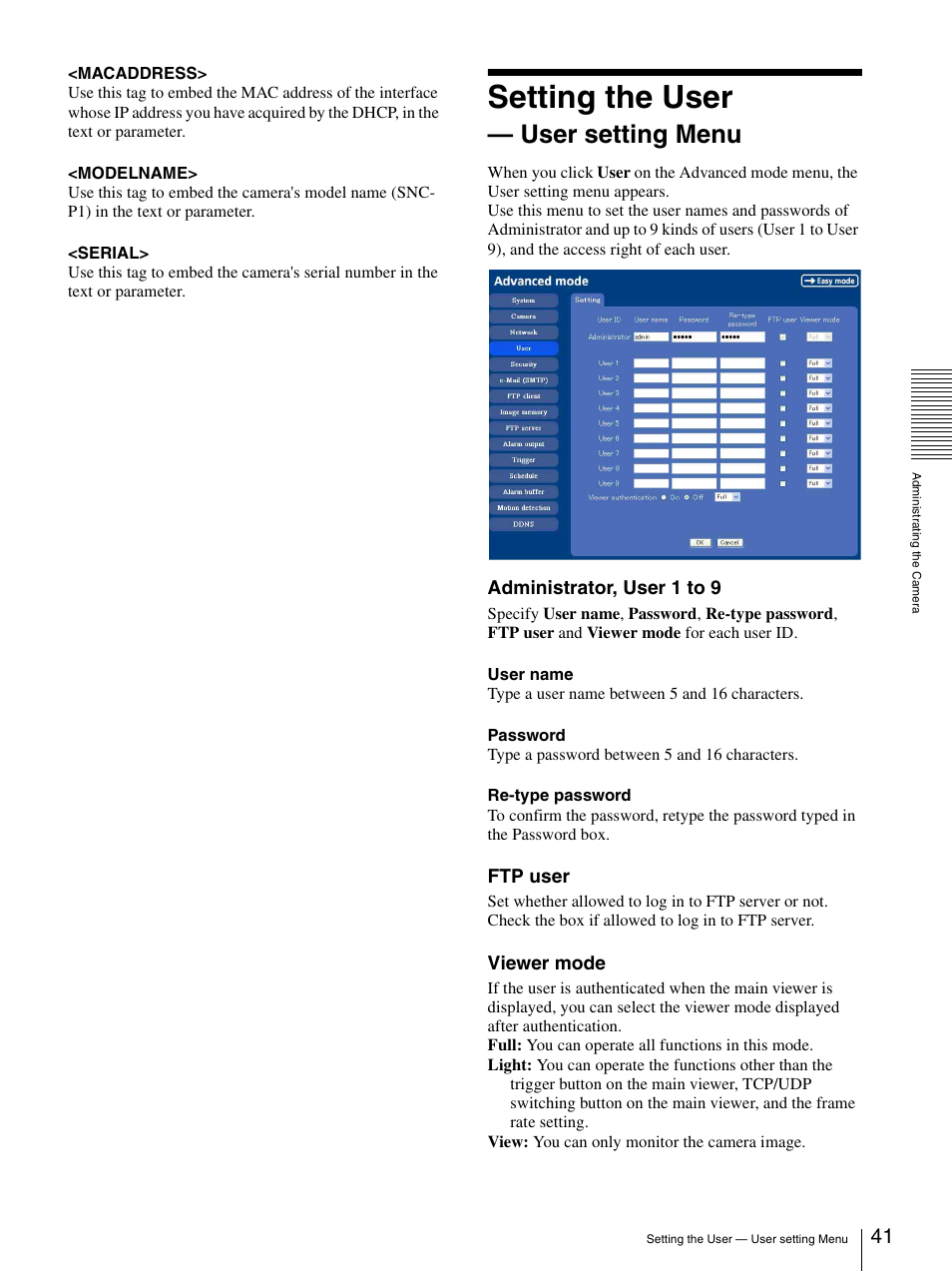 Setting the user - user setting menu, Setting the user — user setting menu, Setting the user | User setting menu, Administrator, user 1 to 9, Ftp user, Viewer mode | Sony IPELA SNC-P1 User Manual | Page 41 / 80