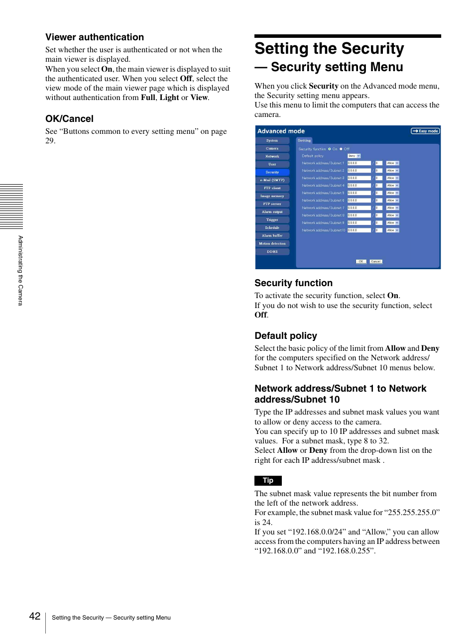 Setting the security - security setting menu, Setting the security — security setting menu, Setting the security | Security setting menu | Sony IPELA SNC-P1 User Manual | Page 42 / 80
