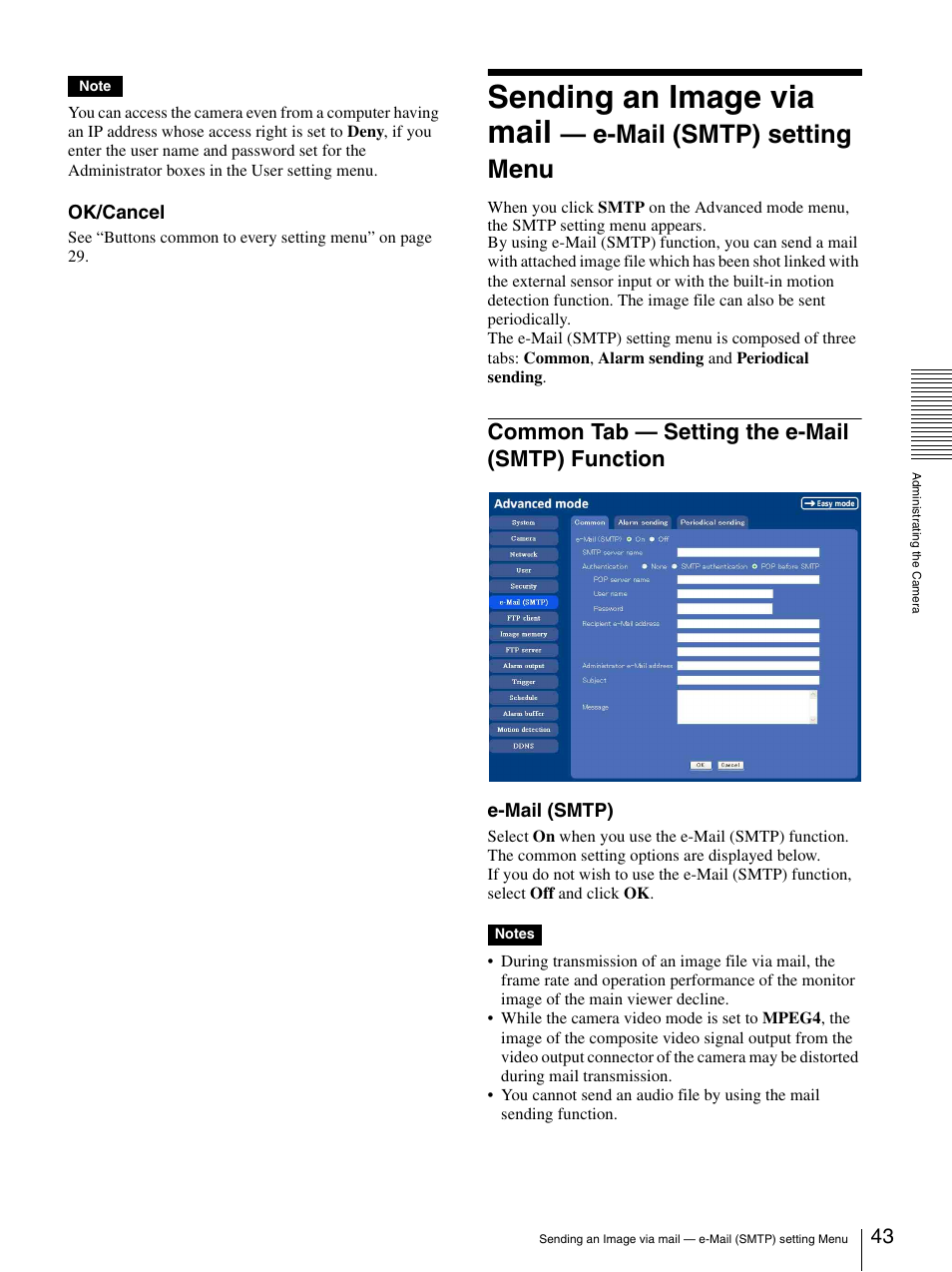 Common tab - setting the e-mail (smtp) function, Common tab — setting the e-mail (smtp), Function | Sending an image via mail, E-mail (smtp) setting menu, Common tab — setting the e-mail (smtp) function | Sony IPELA SNC-P1 User Manual | Page 43 / 80