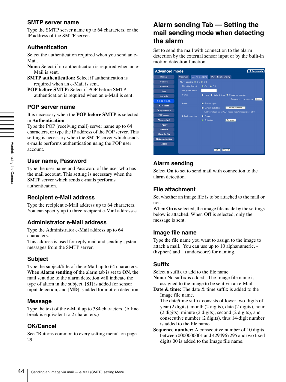 Alarm sending tab — setting the mail sending, Mode when detecting the alarm | Sony IPELA SNC-P1 User Manual | Page 44 / 80