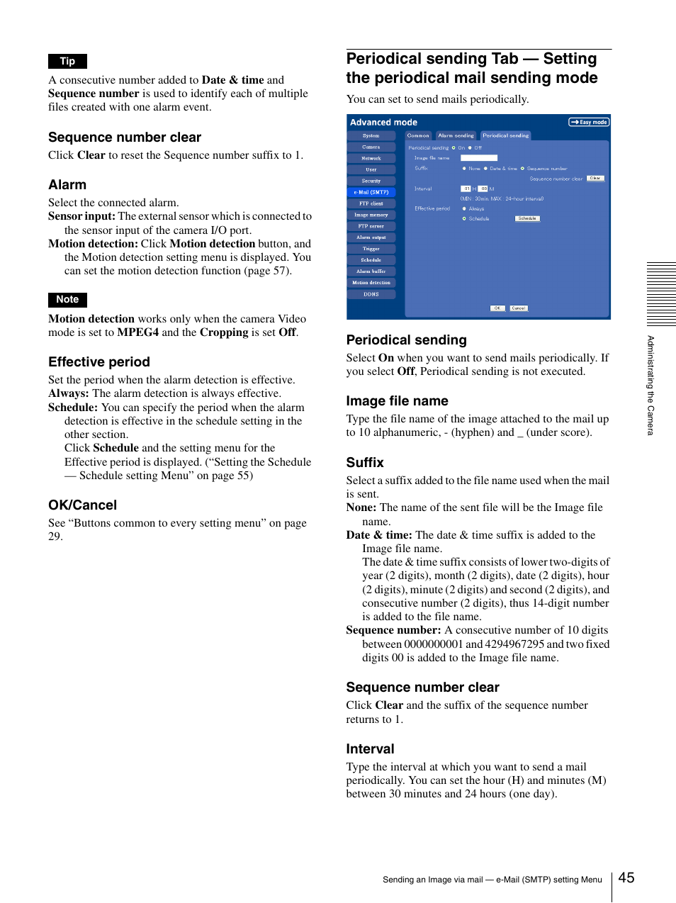 Periodical sending tab — setting the periodical, Mail sending mode | Sony IPELA SNC-P1 User Manual | Page 45 / 80