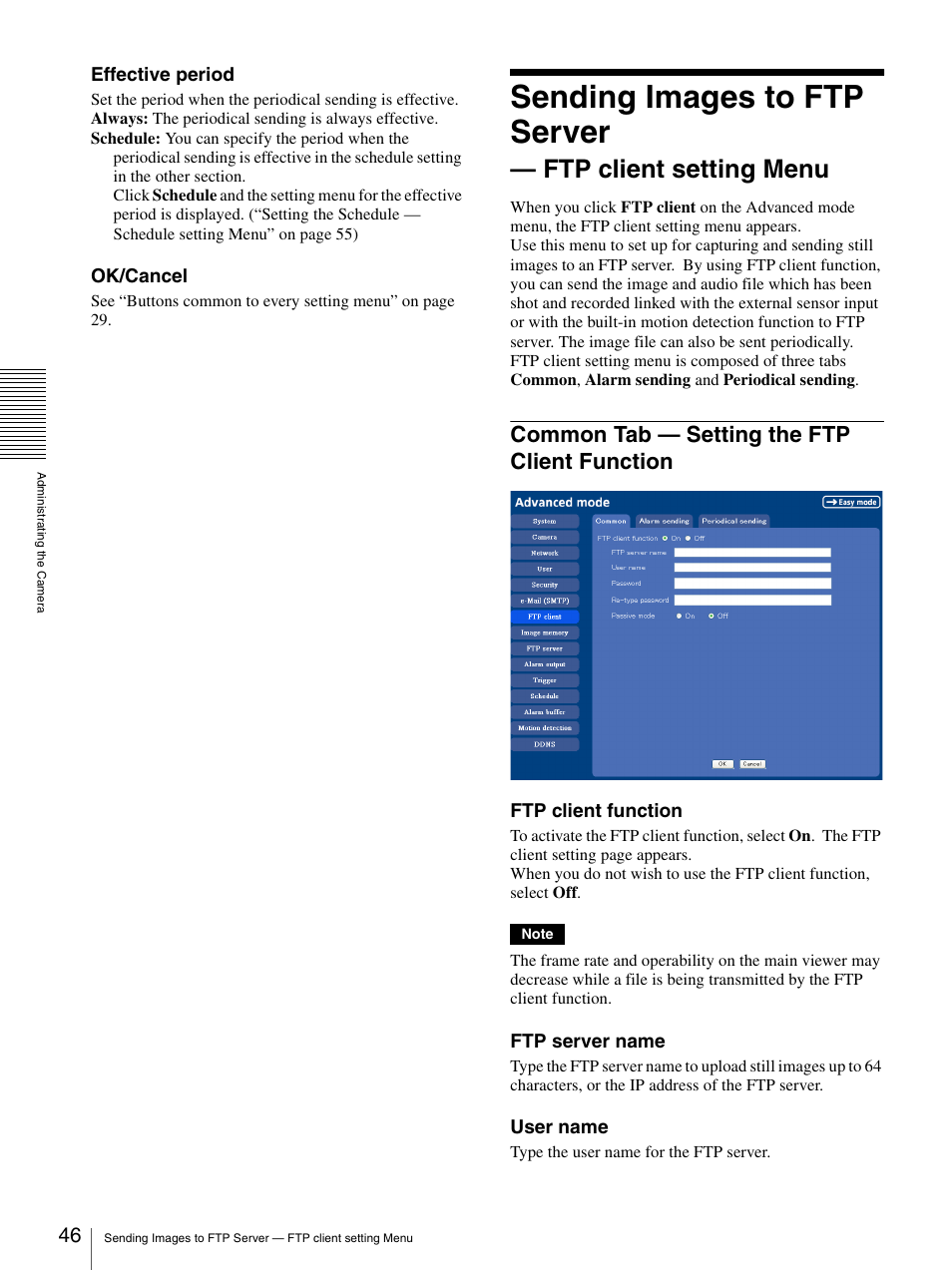 Common tab - setting the ftp client function, Common tab — setting the ftp client function, Sending images to ftp server | Ftp client setting menu | Sony IPELA SNC-P1 User Manual | Page 46 / 80