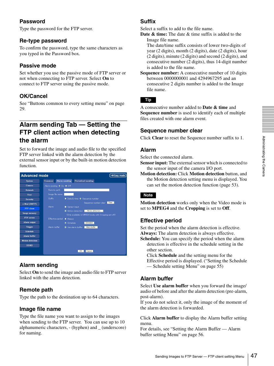 Alarm sending tab — setting the ftp client, Action when detecting the alarm | Sony IPELA SNC-P1 User Manual | Page 47 / 80