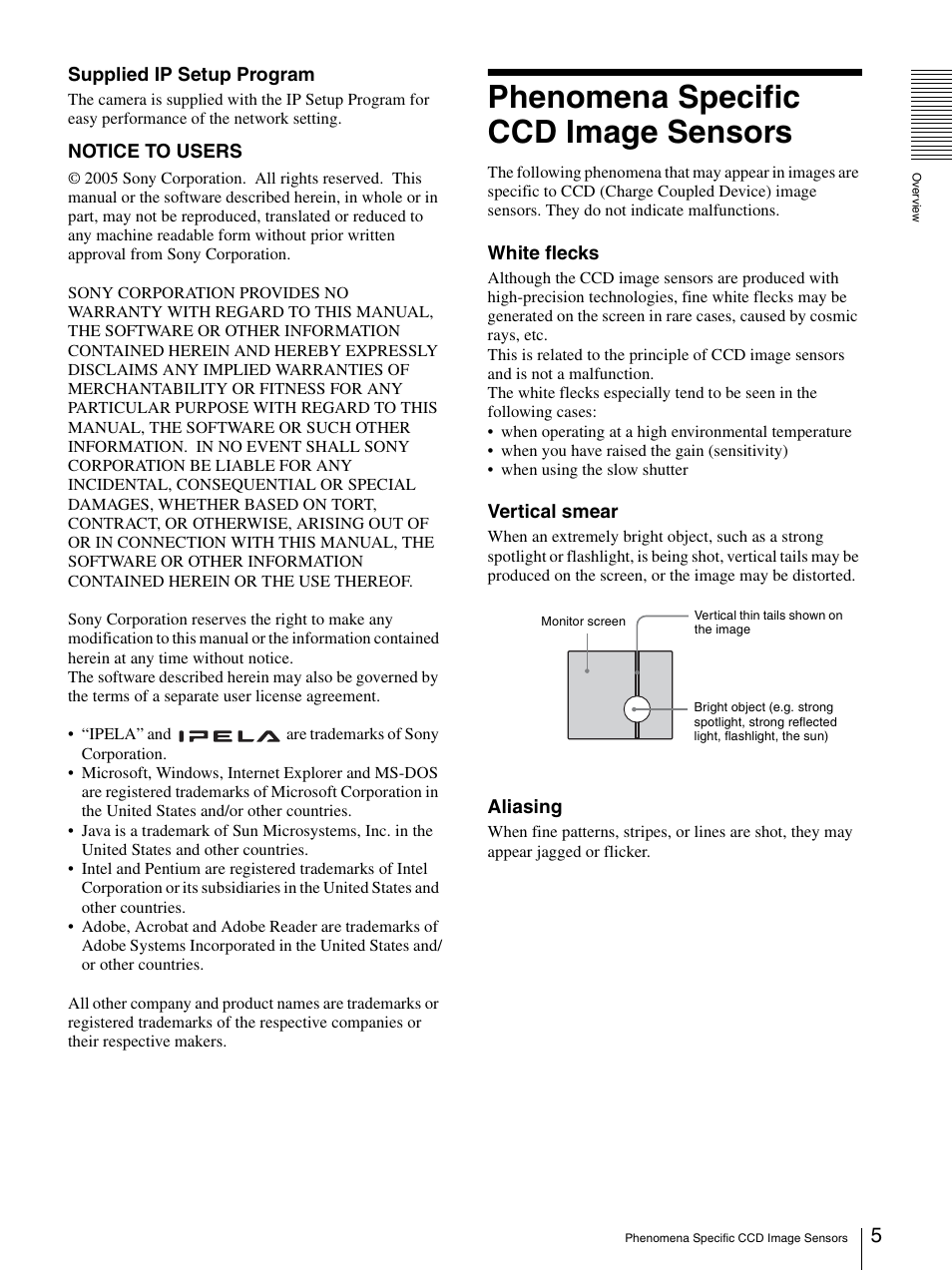 Phenomena specific ccd image sensors | Sony IPELA SNC-P1 User Manual | Page 5 / 80
