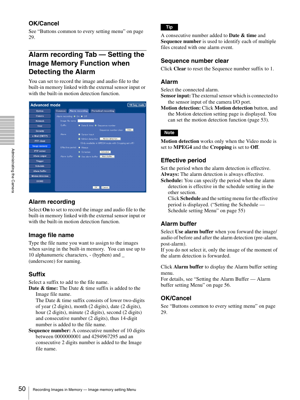 Alarm recording tab — setting the image, Memory function when detecting the alarm 50 | Sony IPELA SNC-P1 User Manual | Page 50 / 80