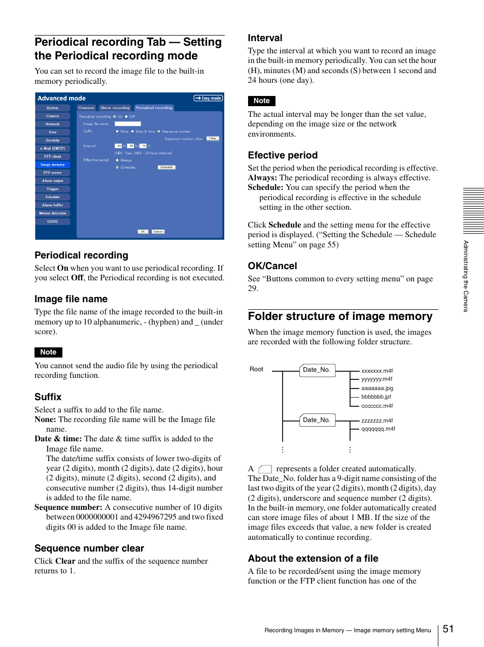 Folder structure of image memory, Periodical recording tab — setting the periodical, Recording mode | Periodical recording, Image file name, Suffix, Sequence number clear, Interval, Efective period, Ok/cancel | Sony IPELA SNC-P1 User Manual | Page 51 / 80