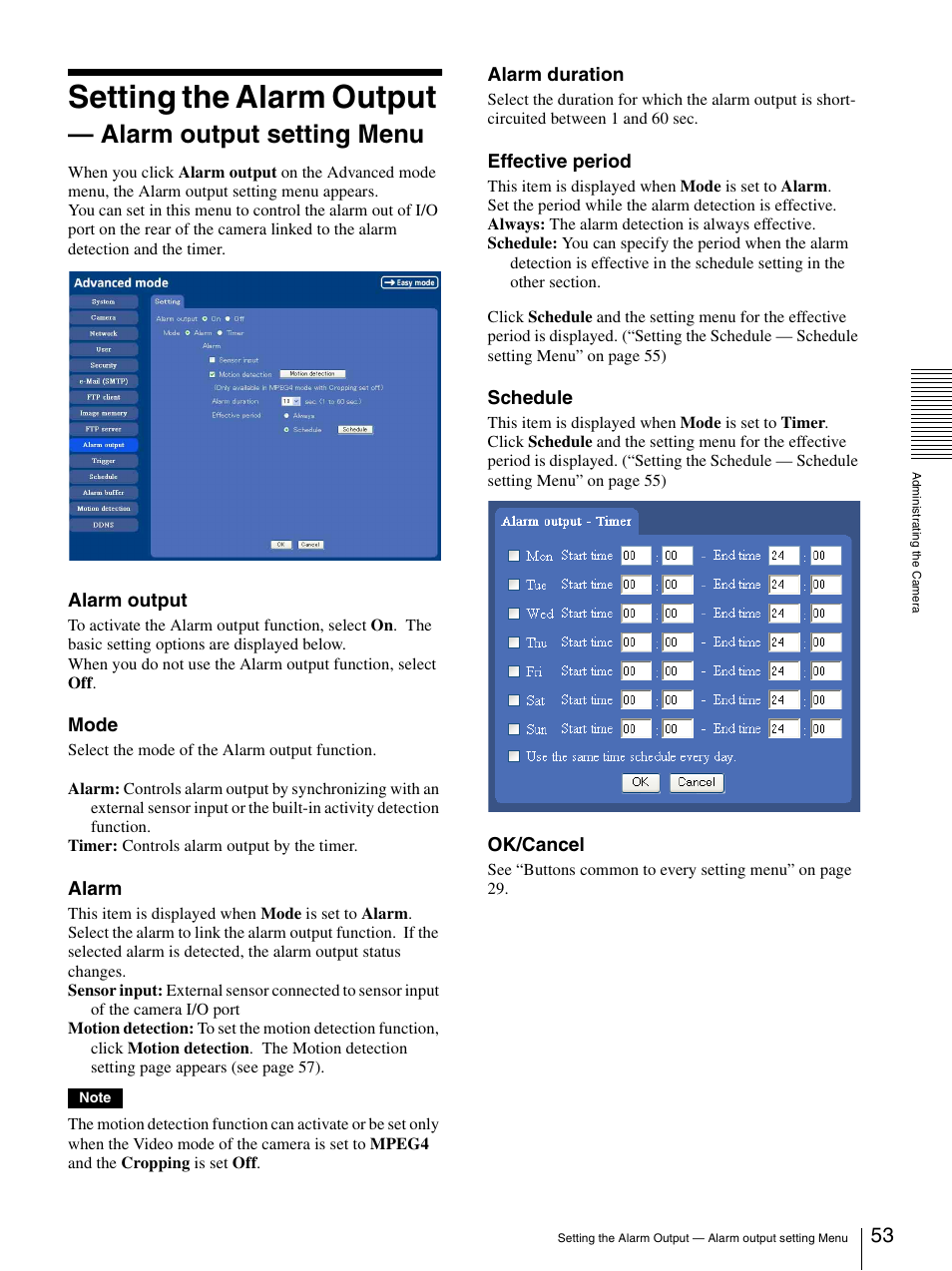 Setting the alarm output, Alarm output setting menu | Sony IPELA SNC-P1 User Manual | Page 53 / 80