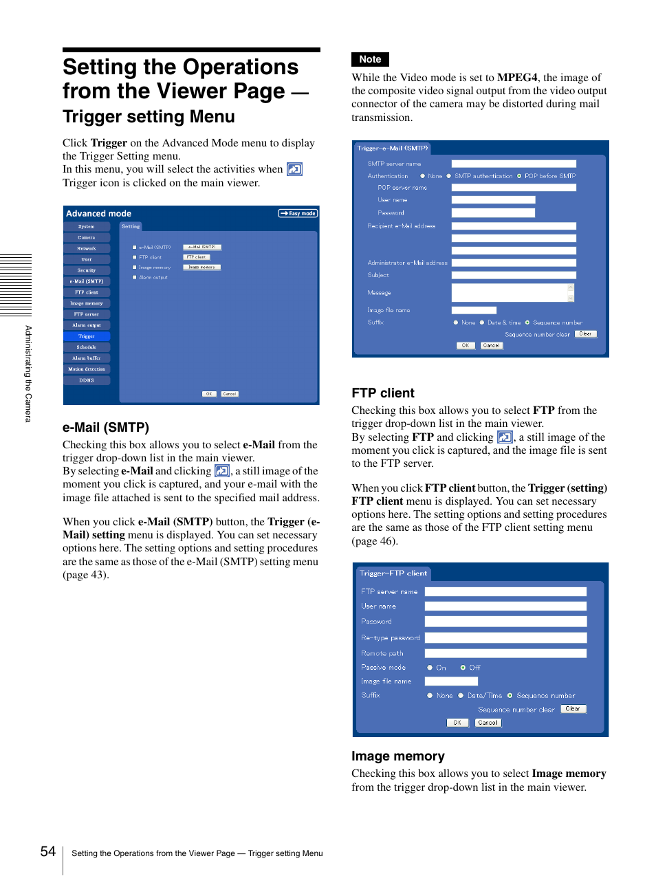 Setting the operations from the viewer page, Trigger setting menu | Sony IPELA SNC-P1 User Manual | Page 54 / 80