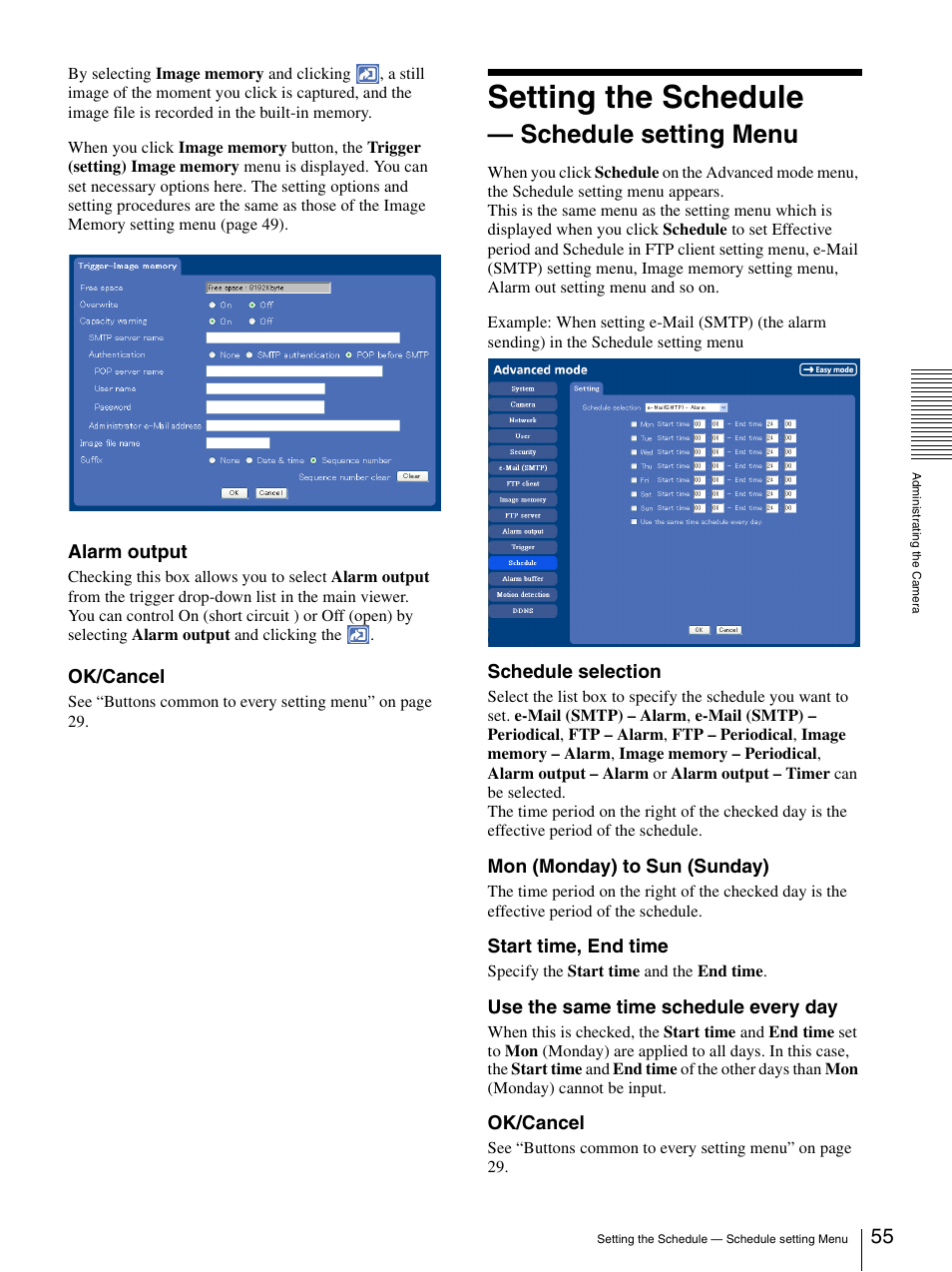 Setting the schedule - schedule setting menu, Setting the schedule — schedule setting menu, Setting the schedule | Schedule setting menu | Sony IPELA SNC-P1 User Manual | Page 55 / 80