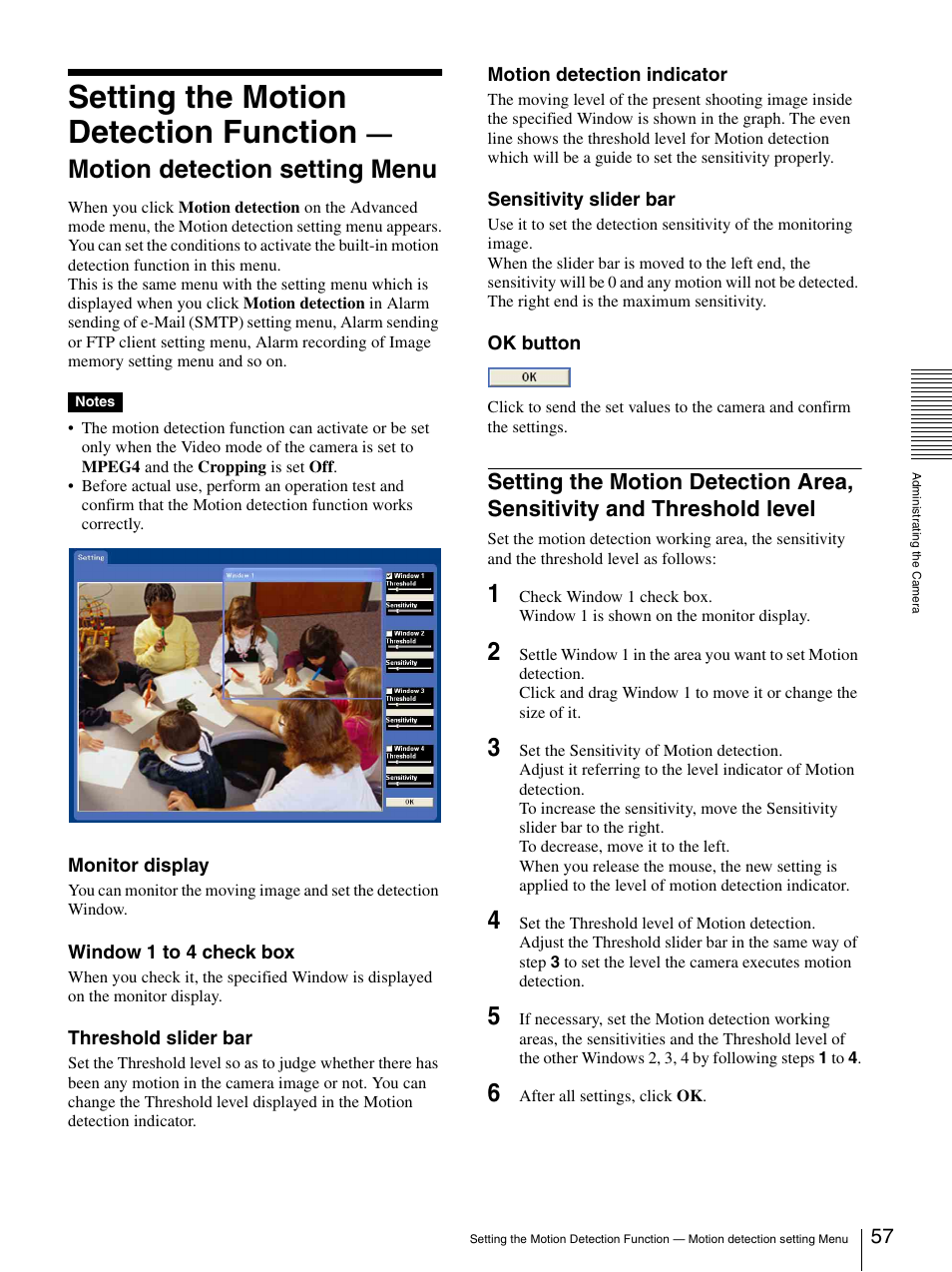 Setting the motion detection area, sensitivity and, Threshold level, Setting the motion detection function | Motion detection setting menu | Sony IPELA SNC-P1 User Manual | Page 57 / 80