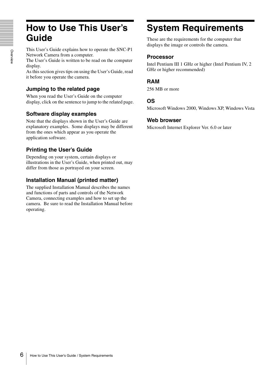 How to use this user’s guide, System requirements, How to use this user’s guide system requirements | Sony IPELA SNC-P1 User Manual | Page 6 / 80