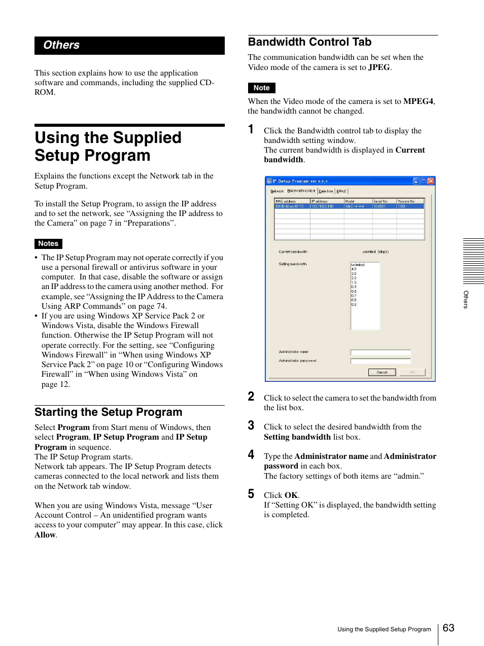 Others, Using the supplied setup program, Starting the setup program | Bandwidth control tab, Starting the setup program bandwidth control tab | Sony IPELA SNC-P1 User Manual | Page 63 / 80