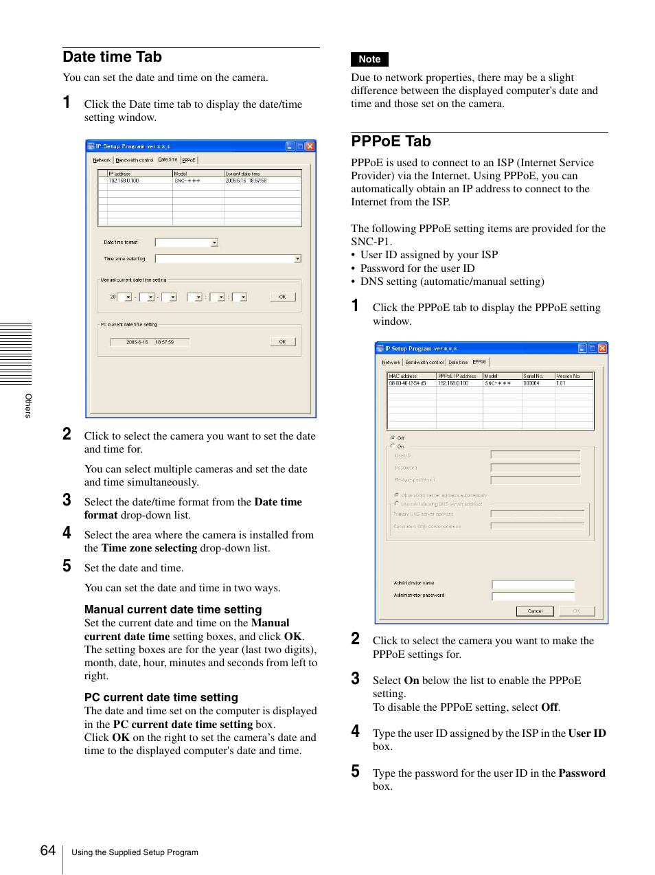 Date time tab, Pppoe tab, Date time tab pppoe tab | Sony IPELA SNC-P1 User Manual | Page 64 / 80