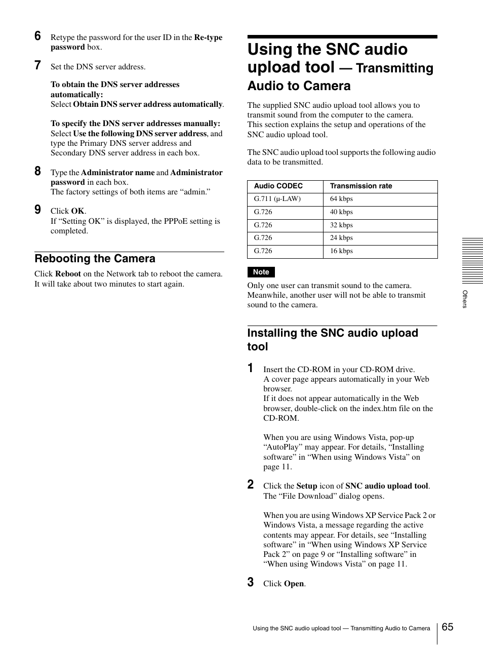 Rebooting the camera, Installing the snc audio upload tool, Using the snc audio upload tool | Transmitting audio to camera | Sony IPELA SNC-P1 User Manual | Page 65 / 80