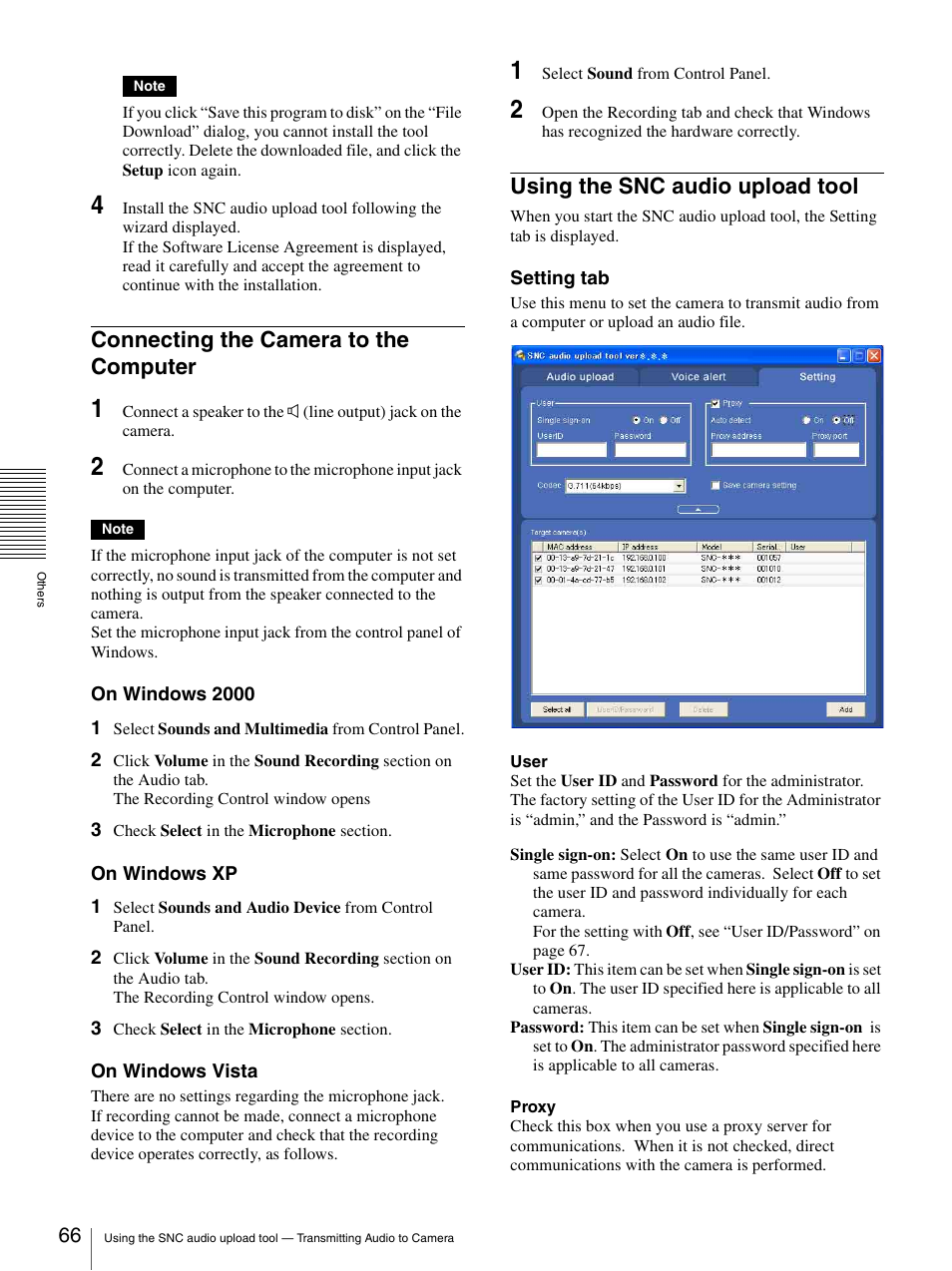 Connecting the camera to the computer, Using the snc audio upload tool | Sony IPELA SNC-P1 User Manual | Page 66 / 80