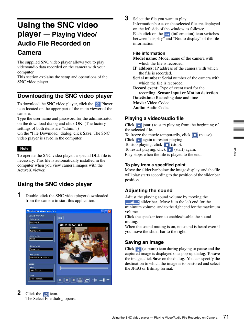 Downloading the snc video player, Using the snc video player, Playing video/ audio file recorded on camera | Sony IPELA SNC-P1 User Manual | Page 71 / 80