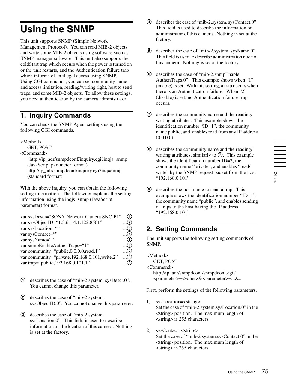 Using the snmp, Inquiry commands, Setting commands | Inquiry commands 2. setting commands | Sony IPELA SNC-P1 User Manual | Page 75 / 80