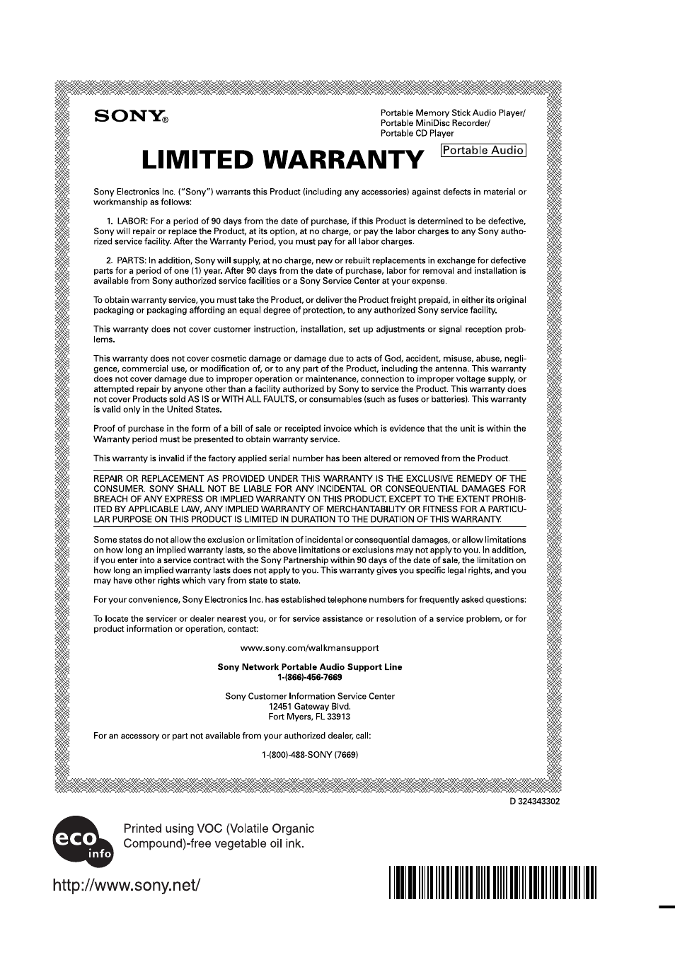 This warranty is valid only in the united states | Sony MZ-NE410 User Manual | Page 68 / 68