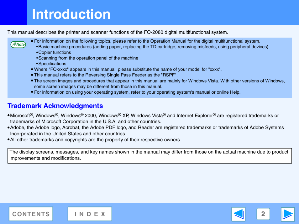 Introduction, Trademark acknowledgments | Sony FO-2080 User Manual | Page 2 / 41