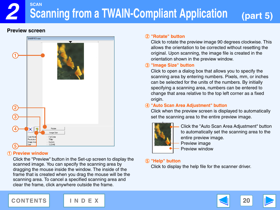 Preview screen, Scanning from a twain-compliant application, Part 5) | Sony FO-2080 User Manual | Page 20 / 41