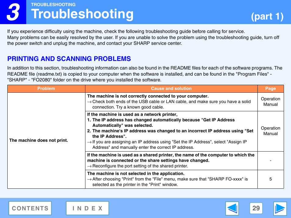 Troubleshooting, Printing and scanning problems, 3 troubleshooting | Part 1) | Sony FO-2080 User Manual | Page 29 / 41