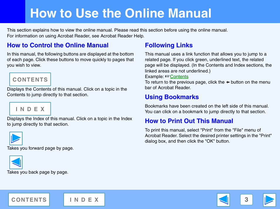 How to use the online manual, How to control the online manual, Following links | Using bookmarks, How to print out this manual | Sony FO-2080 User Manual | Page 3 / 41