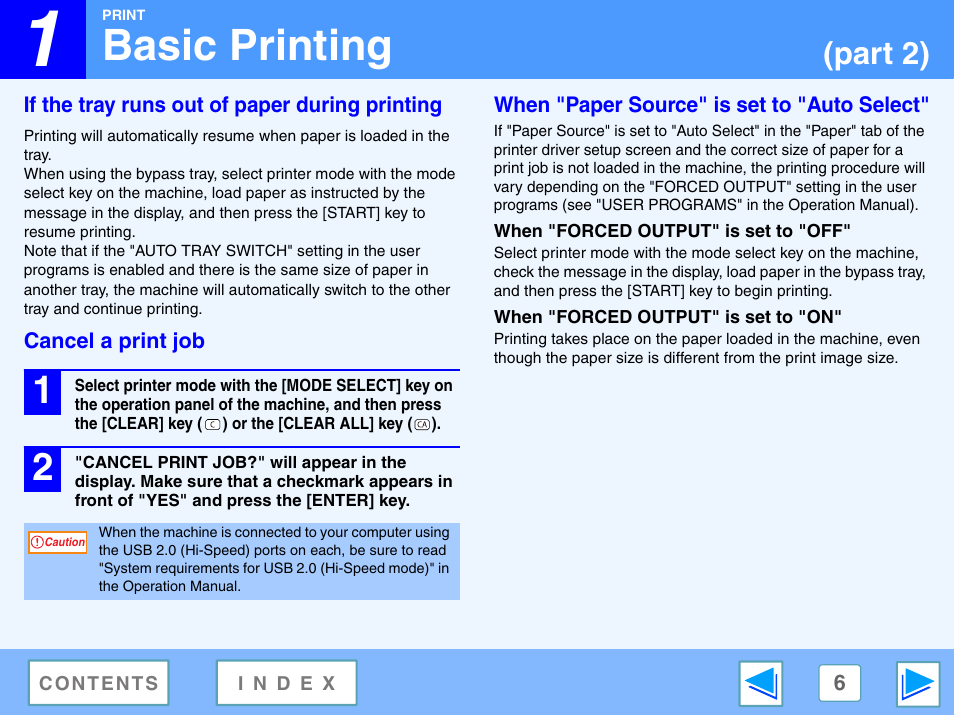 If the tray runs out of paper during printing, Cancel a print job, When "paper source" is set to "auto select | When "forced output" is set to "off, When "forced output" is set to "on, Basic printing, Part 2) | Sony FO-2080 User Manual | Page 6 / 41